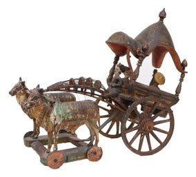 19th Century Indian Wood Carved  And Hand-painted Doom Ox-Drawn Carriage  With Doom Top 12'W X 22'D X 21'H