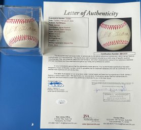 Ted Williams Autographed Baseball With JSA Paper Certification - Red Sox Hall Of Famer