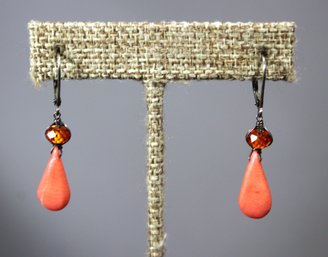 STERLING SILVER PIERCED EARRINGS DROPS CORAL