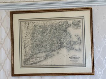 Vintage Johnson's Massachusetts, Connecticut & Rhode Island Framed Map