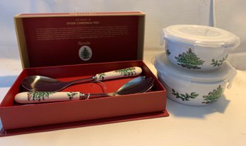 Spode Christmas Tree Salad Servers And Two Leftover Bowls With Snap On Lids