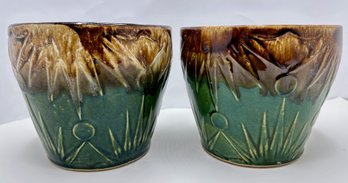 2 Vintage Robinson Ransbottom Majolica Jardiniere Sun &  Moon Planter Pots