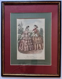 Antique Victorian Miror Des Modes Fashion Hand Colored Engraving In Gilded Frame