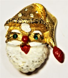 Vintage Gold Tone Santa Claus Face Brooch Pin W Enamel