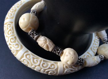 LOOSE CARVED BONE BEADS LOT: Vintage Broken Necklace, Bracelet Strung On String, 3 Inch Molded Plastic Bangle