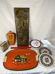 Vintage Bronze Relief Wall Decor, Tins, Wood Knife Holder, Woven Trivets, Milk Glass Candy Dish, Folk Art Tray