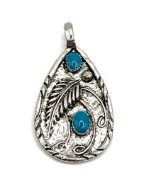 Vintage Sterling Silver Turquoise Color Engraved Feather Pendant