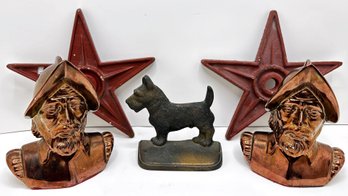 Vintage Cast Iron Dog Door Stop, Set Conquistador Busts & 2 Painted Cast Iron Stars
