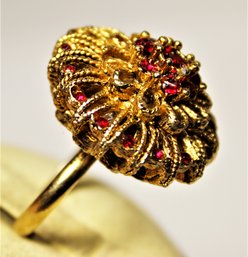 Vintage Gold Tone Costume Ladies Ring Red Rhinestones 1960s Size 7