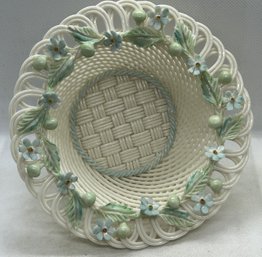 Stunning Signed BELLEEK 4-STRAND FORGET ME NOT Latticed Basketweave Bowl With Applied Flowers