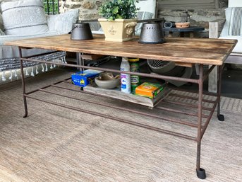 A Vintage Wrought Iron And Reclaimed Mahogany Coffee Table - Indoor Or Outdoor Use