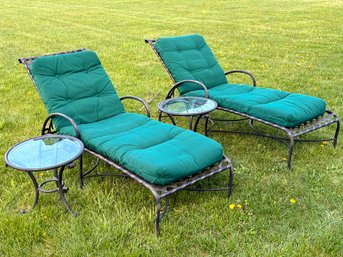 A Pair Of Cast Aluminum Lounge Chairs And Cocktail Tables With Sunbrella Cushions, 'Venetian' By Brown Jordan