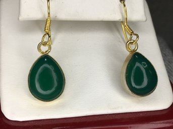 Very Pretty Sterling Silver / 925 With 14K Gold Overlay Earrings With Highly Polished Jade Quartz - NEW !