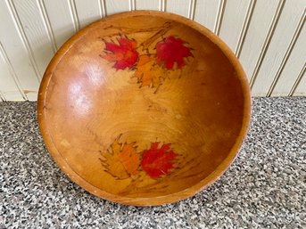 Vintage Autumnal Leaf Decorated Wood Bowl