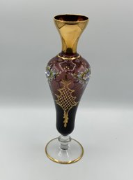 Vintage Bohemian Purple Amethyst Glass Vase Gold Trim ~ Hand Painted ~
