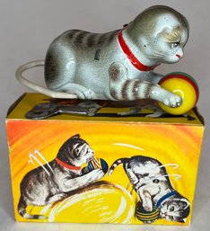 Vintage Wind Up Kitty Cat - Kohler - US Zone Germany - Rolling Playing With Ball - Tin Litho - Box - West