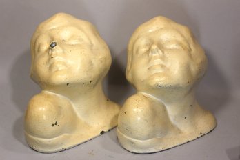 Pair Art Deco Frankart Spelter Painted Metal Women's Head Bust Bookends