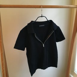 BRANDY MELVILLE, Cotton Knit COLLARED SHIRT, Metal Front  Zip, Short Sleeves, Black, One Sz , Made In Italy