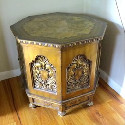 Octagon Burled Finish Pecan Or Walnut MCM Hollywood Regency End Table/Cabinet With Carved Birds