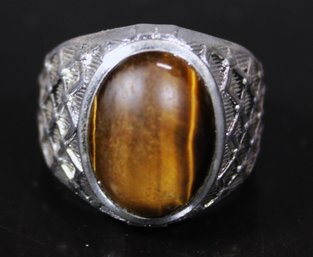 LARGE STERLING SILVER MEN'S RING TIGER'S EYE STONE SIZE 8