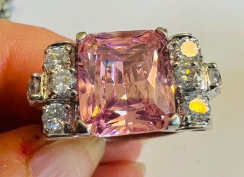 BEAUTIFUL PINK/WHITE STERLING SILVER CZ STATEMENT RING