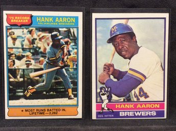 (2) 1976 Topps Hank Aaron Cards With '75 Record Breaker