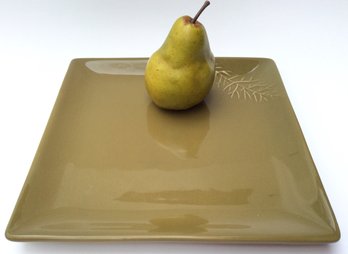 VINTAGE ELPA PORTUGAL POTTERY SQUARE SERVING PLATTER: Olive Green, 10.75 Inches, Embossed Pine Branch