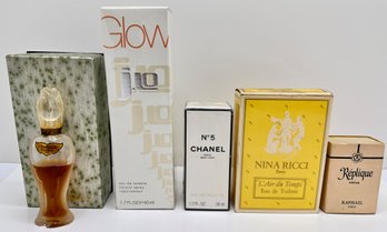 New Perfumes, Some Vintage: Chanel No 5, Chamade By Guerlain, Glow By J.lo, Nina Ricci & Replique By Raphael
