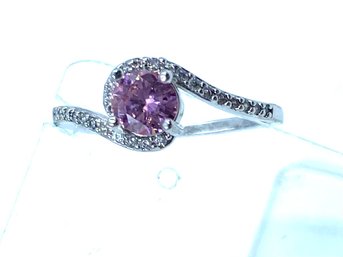 Stamped 925 Ladies Ring Size 9 Ring W/ Pink Solitaire Stone