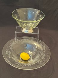 Two Large Vintage Crystal Bowls With Etched Detailing