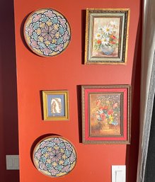 A Collection Of Vintage Wall Art - Ceramic Platters, Miniature Paintings And More