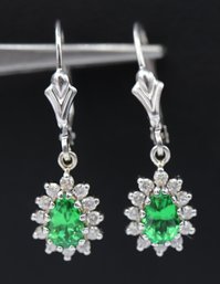 Elegant 14k White Gold Emerald & Diamond Drop Earrings