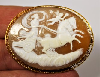 Large 10K Gold Frqamed Hand Carved Cameo Brooch Goddess In Chariot With Horses And Cupid