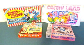 Kid's Games Bozo The Clown, Candyland, Tiddly Winks, Alphabet Picture & Flash Card