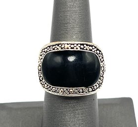 Beautiful Large Onyx Color And Marcasite Ring, Size 6.5