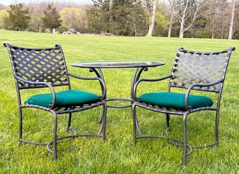 A Pair Of Cast Aluminum Arm Chairs And A Bistro Table With Sunbrella Cushions, 'Venetian' By Brown Jordan