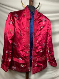 Beautiful Red And Blue Reversible Asian Silk? Coat No Tags