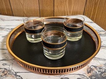 Vintage Copper Craft Tray And Three Rocks Glasses