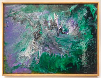 FRAMED ABSTRACT PAINTING ON CANVAS: Acrylic Greens, Purples, White, Black & Gray, Marble Look, 16.5 In X 12.75