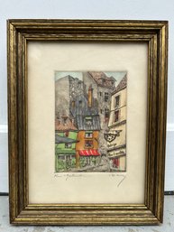 Signed Hand Colored Etching Print, 'Rue Galande' (a)