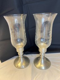 Candlesticks With Etched Glass Hurricanes Grapevine Pattern