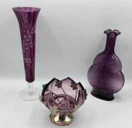 3 Pc Vintage Amethyst Lot ~ Etched Vase, Candy Dish & Vase ~