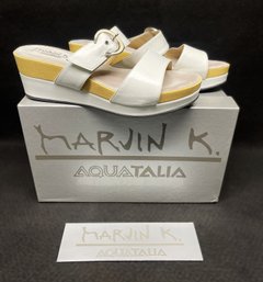 Marvin K. Aquatalia White Double Banded Leather Wedge Sandal- Size 10