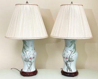 A Pair Of Vintage Chinese Porcelain Lamps ON Rose Wood Bases