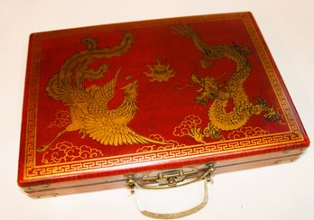 Vintage Chinese Mah - Jong Game In Case With A Golden Dragon Motif