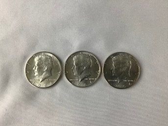 (3) 1964 Kennedy Half Dollars Appears To Be BU Quality (90 Per Cent Silver)