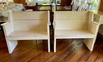 Pair Of Vintage Entry Way Painted Wood Arm Benches