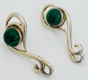 STERLING SILVER MALACHITE STUD EARRINGS WITH PRETTY SCROLL WORK JACKETS