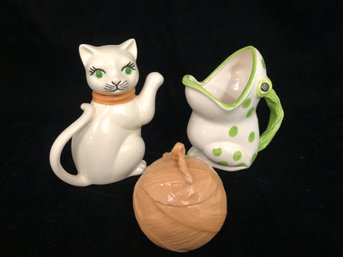 3 Piece Assorted Ceramic Trinket Dishe, Tea Pot And Pitcher