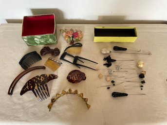 Lot Of Vintage Hair Combs Clips And Hat Pins